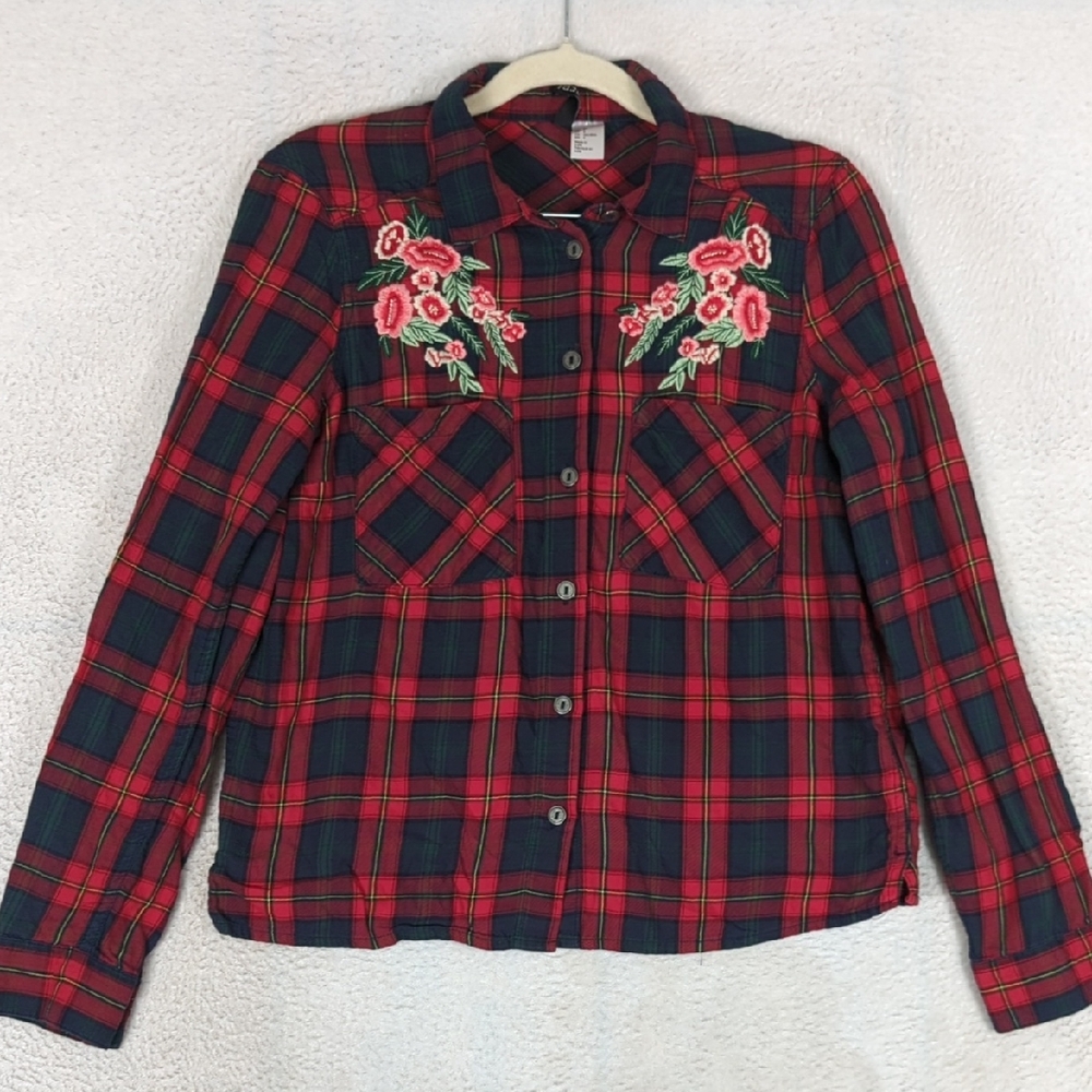 H&M Divided Women's Plaid Embroidered Floral Button Down‎ Shirt Size 4